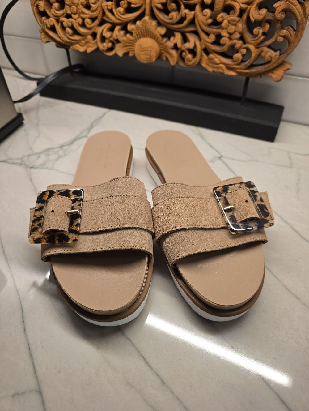 MilaPaoli Neutral Beige Slide Sandals with Leopard Buckle Genuine Leather